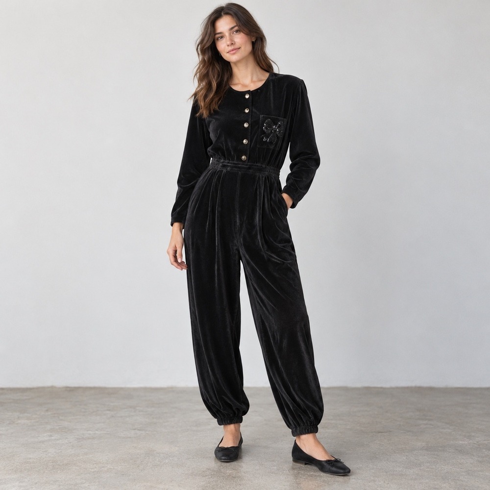 SK & Company Jumpsuit Womens M Black Velour Sequin Bow 80s 90s Vintage Aesthetic